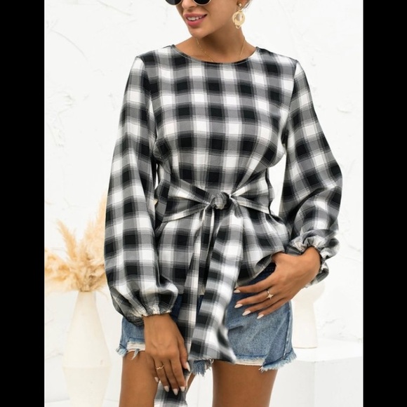 Lapentry Tops - Lapentry Black Plaid Tie Waist Lantern Sleeve Top